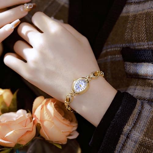 FANMIS Gold Tone Watches for Women with Small Vintage Bracelet Elegant Jade Oval Dial Dress Watch Fashion Quartz Wrist Watch Waterproof Watch thumbnail 5