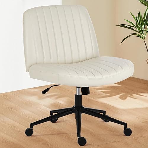 Elevon Criss Cross Chair with Wheels, Cross Legged Office Chair Armless Wide Desk Chair with Dual-Purpose Base, Adjustable Swivel Fabric Task Vanity Home Office Desk Chair, Leather Beige - Leather Beige