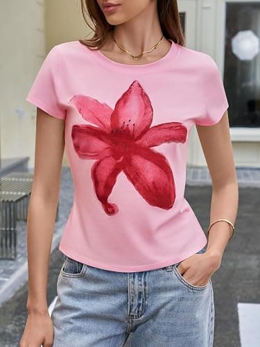 Tankaneo Womens Y2K Graphic Baby Tees Summer Flower Vintage Short Sleeve Tops Slim Fit Cropped T-Shirts thumbnail 2