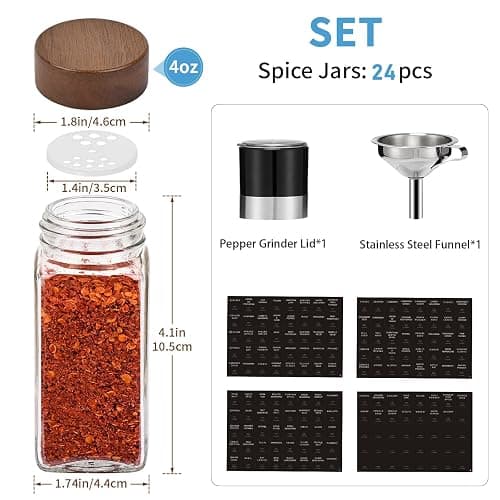 Yangbaga 24Pcs Glass Spice Jars with Labels-4OZ Wood Lid Square Spice Containers with Pepper Grinder Lids &Funnel,Seasoning Jars for Rack Cabinet Drawer thumbnail 3