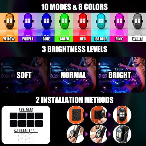 Upgraded Wireless LED Lights for Car, Rechargeable Interior Car Lights with 8 Colors Brightness Adjustable, 12H Battery Life, Remote Control, Mini Strobe Lights for Vehicle Motorcycle Bike Decor thumbnail 5