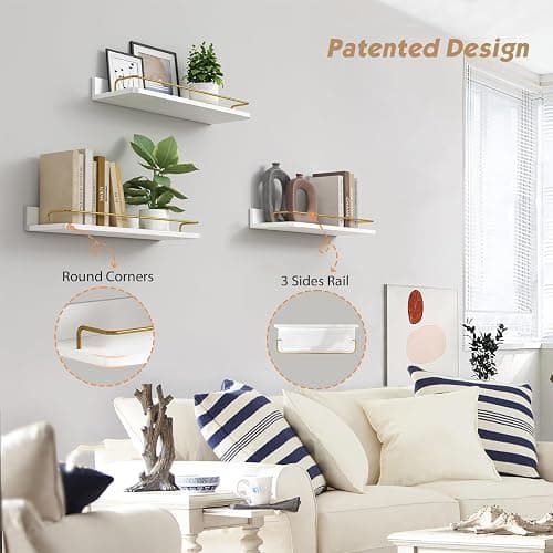 Forbena Gold Floating Shelves for Wall Decor Set of 3, Bathroom Shelves Over Toilet, Modern Display Wall Shelf with Guard Rail for Living Room Bedroom Organizers and Storage - White and Gold thumbnail 4