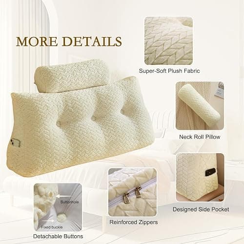 YOUR MOON Wedge Headboard Pillow Twin with 1 Pack Neck Roll Pillows, Triangular Wedge Backrest Pillow Headboard for Bed,Daybed,and Lounging, Large Bed Bolster Pillows,Off White thumbnail 3