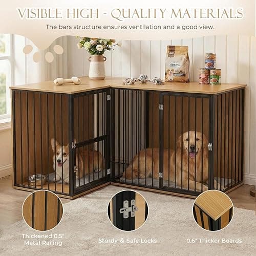 Large Double Dog Crate Furniture - TV Stand & Indoor Kennel with Adjustable Divider, Heavy Duty Wooden Pet House for 2 Large Breed Dogs, Removable Doors, with Rotating Feeder (Dark) thumbnail 5