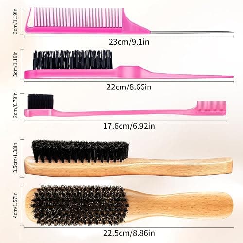 Boar Bristle Slick Back Hair Brush for Smooth Flyaways, Frizz, Sleek Ponytail, Buns and Edge Baby Hair, Teasing | Hair Comb, Edge Brush, Teasing Brush Styling Accessories for Girls, Kids, Women & Men thumbnail 8