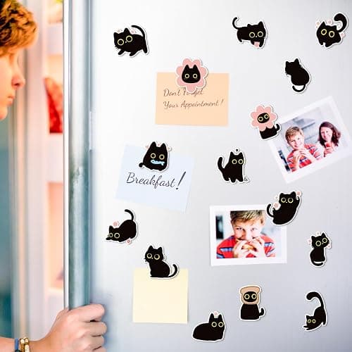MALLMALL6 24Pcs Cute Black Cat Fridge Magnets, Novelty Gift for Cat Lover, Spring Refrigerator Magnetic Sticker Decor Accessories with Flower Bread Fish for Home Kitchen Office Locker Mailbox Door thumbnail 2