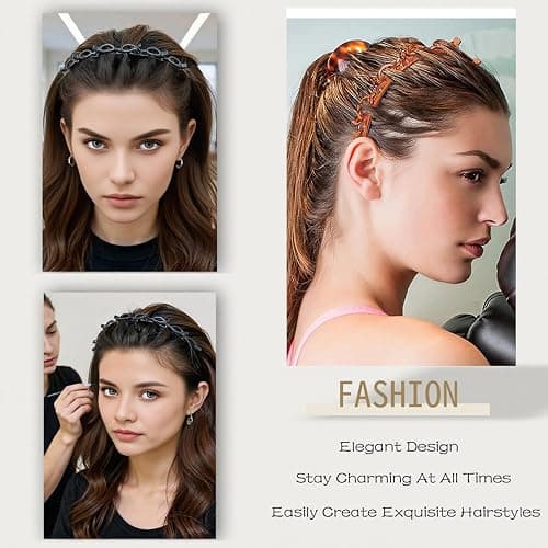 JASSINS 2 Pcs Bangs Hairstyle Hairpin Headband, Professional Weave Bangs Clip, Toothed Headband Braid Tool, Women Girls Fashion Hair Accessories (Black and Brown) thumbnail 3