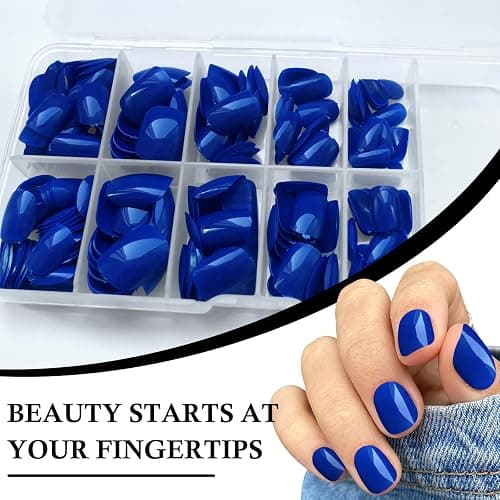 AddFavor Short Press on Nails Square Round Short Fake Nails Glossy Full Cover Acrylic Artificial Glue on Nails for Women, 240pcs/pack Royal Blue Nails with Sticky Tabs thumbnail 3