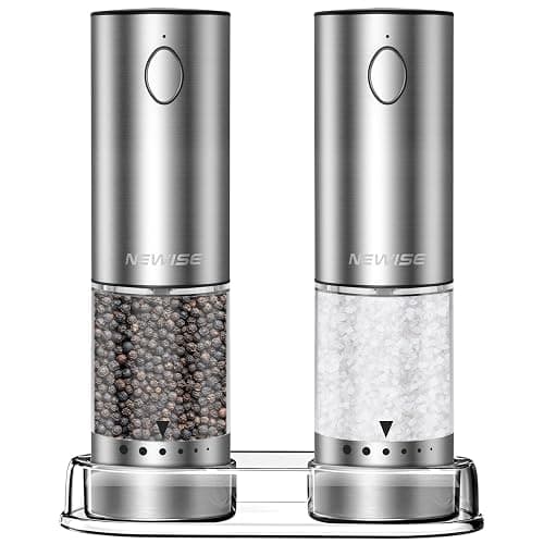 Newise Electric Salt and Pepper Grinder Set - Christmas Kitchen Gift, Rechargeable with LED Lights, Stainless Steel Automatic Mill, Adjustable Coarseness, Large Capacity, Silver - Image 1
