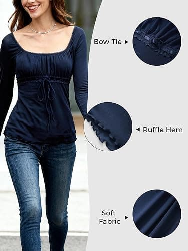 Y2K Mesh Top Women Long Sleeve Shirts Scoop Neck Ruffle Hem Babydoll Blouse thumbnail 4
