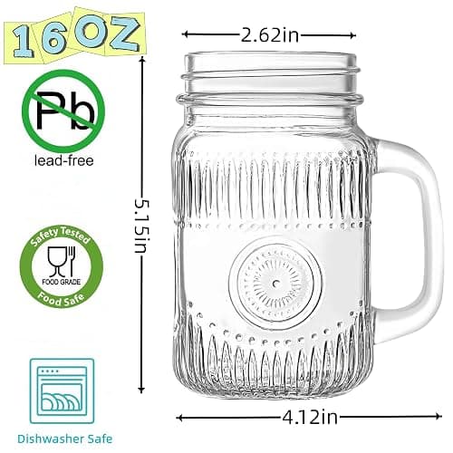 Amzcku vintage Clear Drinking Jar 16 OZ Drinking Jars with Comfortable Handle for Party Beverages 6 pcs thumbnail 3
