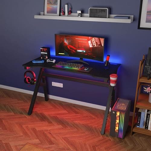 BestOffice | 47" Gaming Desk | Red | Carbon Fiber Textured Computer Desk | Sturdy Steel Frame, Cup Holder, Headphone Hook, Cable Management Holes, Adjustable Leg Pads | for Gamers, Home, Office - Image 1