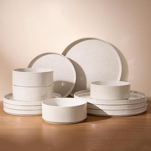 Famiware Nebula Plates and Bowls Sets, 12 Pieces Dinnerware Sets, Dishes Set for 4, Creamy White with Colorful Speckles - Image 1