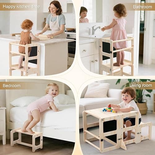 Toddler Kitchen Step Stool, 4-in-1 Foldable Standing Tower with Blackboard, Toddler Step Stool for Bathroom Sink, Kitchen Counter, Ages 18 Months+, 1-3 Year Old Boy Girl Gifts thumbnail 5