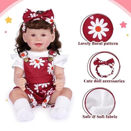 BABESIDE 4 Pcs Reborn Baby Doll Clothes for 17-22 Inch Babydolls, Cute Wine Red Flower Dolls Overalls Lifelike Reborn Baby Doll Accessories with Headband and Socks for Realistic Dolls Girl thumbnail 3