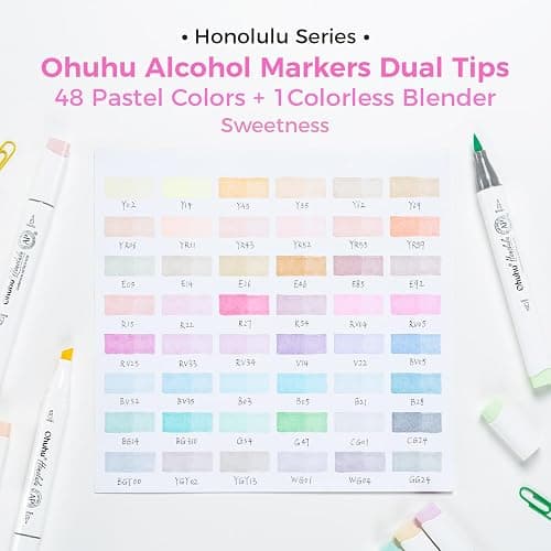 Ohuhu Pastel Alcohol Brush Markers- 48 Colors of Honolulu Sweetness - AP Certificated -Alcohol Based Double Tipped Art Marker Set for Artist Adults Coloring Illustration- Brush & Chisel - Refillable thumbnail 5