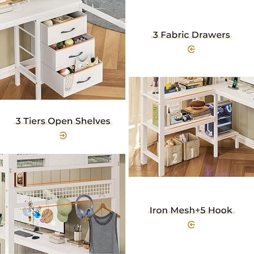 ADORNEVE Loft Bed Twin Size with L-Shaped Desk, LED Lights,Charging Station, Twin Metal Loft Bed Frame with Fabric Drawers & Shelve, 13.4" H Safety Guardrail, No Box Spring Needed, White thumbnail 7
