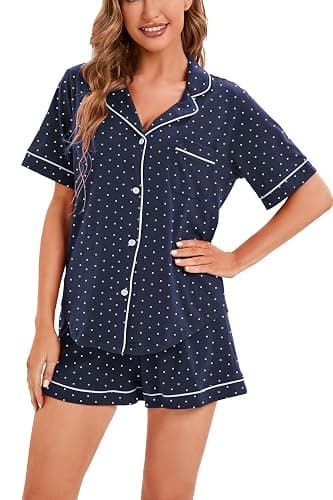 LUBOT 100% Cotton Pajamas for Women 2 Piece PJ Set Button-Down Soft Knit Short Sleeve Summer Sleepwear Loungewear XS-XXL thumbnail 2