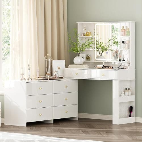 Ieejdn Makeup Vanity Desk with Mirror and Lights, Vanity Desk with 8 Drawers & Storage Shelves, Vanity Table with Power Outlet, 3 Color Modes & Adjustable Brightness Dressing Table, Bedroom,White thumbnail 9