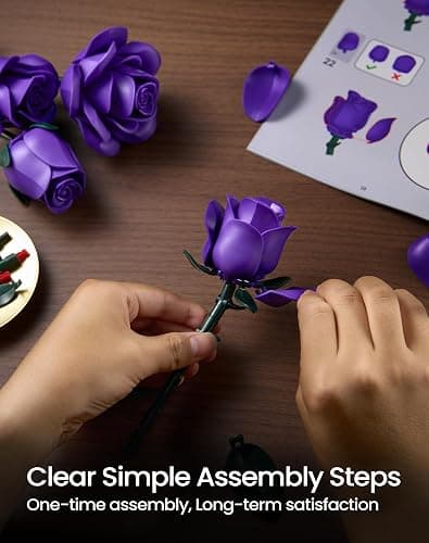 iATOM Purple Rose Bouquet Building Set, 12Pcs Flowers Botanical Collection for Adults Women, for Her/Girlfriend/Mom/Wife/Couple, Purple Retro Home Office Table Centerpiece Decor thumbnail 7