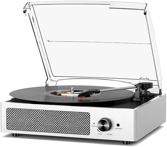 Vinyl Record Player with 2 Stereo Speakers Belt-Driven Vintage Turntables 3 Speed 3 Size Wireless Bluetooth Playback AUX-in RCA Out Headphone LP Vinyl Players Auto Stop Pale Silver - Image 1