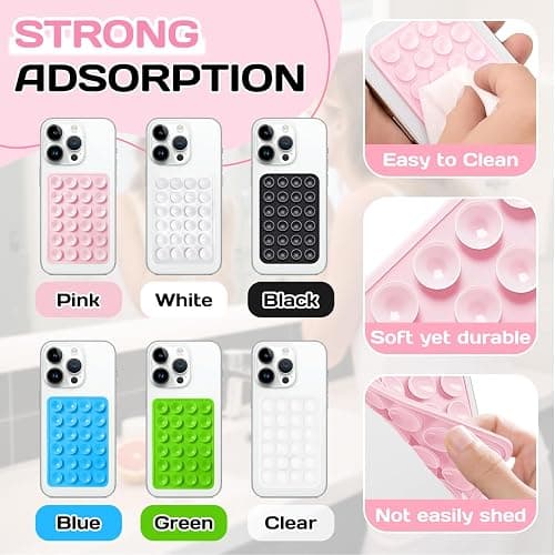 2PCS Silicone Double-Sided Suction Phone Case Mount,Strong Grip Holder Phone Accessories for Smartphones,Hands-Free Mirror Shower Phone Stand for Selfies (Transparent & Pink) thumbnail 3