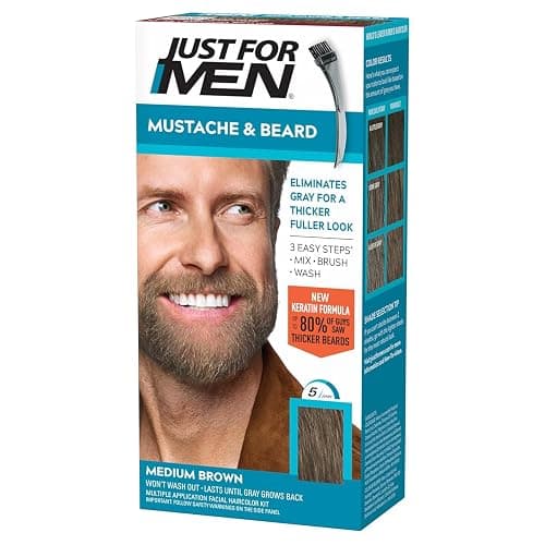 Just For Men Mustache & Beard, Beard Coloring for Gray Hair with Brush, with Keratin Biotin Aloe and Coconut Oil for Healthy Facial Hair - Medium Brown, M-35, Pack of 1 (Packaging May Vary) - Image 1