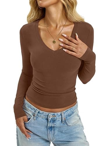 EasyGala Womens Cotton Long Sleeve Shirts V Neck Slim Fit Tops Basic Tees Going Out Outfits 2025 Fall Spring - Brown - Medium thumbnail 6