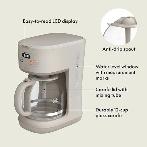 BELLA 12 Cup Programmable Coffee Maker, Reusable Dishwasher Safe Accessories, Easy LCD display, Auto Shutoff, 900 watt, Oatmilk thumbnail 3