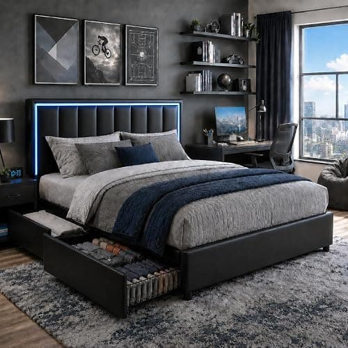 IMMERSTABLE Full Size Bed Frame with Headboard and 4 Storage Drawers, Faux Leather Upholstered Platform Bed with LED Lights, Metal and Wood Slats, No Box Spring Needed, Easy Assembly, Black - Image 1
