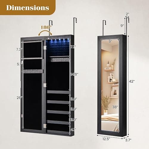 Giantex Wall or Door Mounted Jewelry Cabinet with Full Length Mirror, Over The Door Jewelry Armoire Organizer with Lights, Large Storage with Necklace Hooks, Earring Slots & Shelves (Black) thumbnail 3