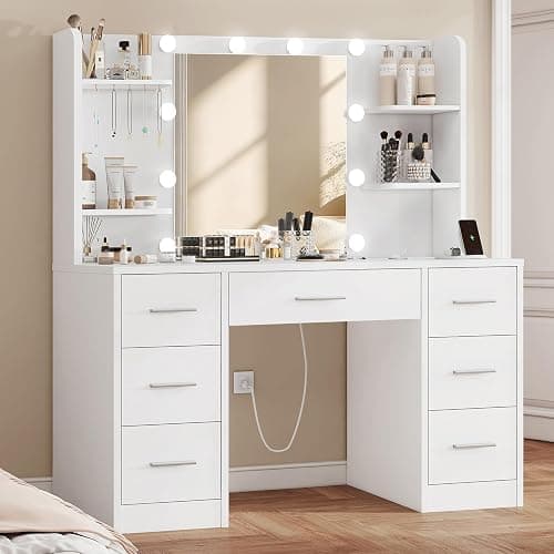 FIONESO Vanity Desk with LED Light Mirror & Power Outlet, 3 Adjustable Light Color, Makeup Vanity with 7 Drawers, 4 Shelves, 5 Jewel Hooks, White Vanity for Bedroom, Girls Vanity thumbnail 3