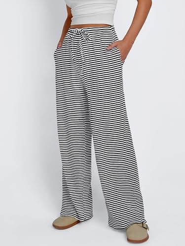 Trendy Queen Womens Striped Ribbed Wide Leg Pants Casual Drawstring Elastic Waist Baggy Sweatpants with Pockets thumbnail 2