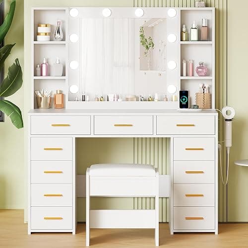 ANWBROAD White Vanity Desk with Mirror and Lights Makeup Vanity Desk with Power Outlet 11 Drawers 9 Shelves Hair Dryer Stand 3 Color Lighting Modes Vanity Table with Stool for Bedroom Women UBDT86W thumbnail 9