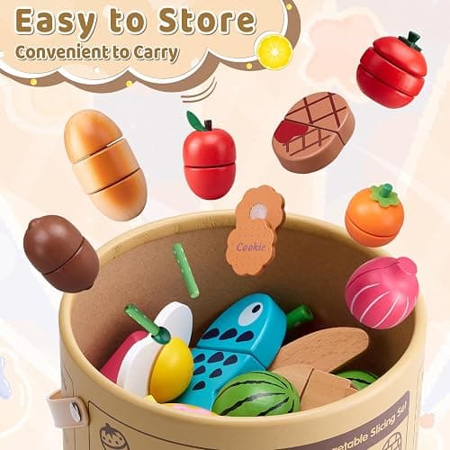 45 Pcs Wooden Pretend Play Food Set for Kids Kitchen - Realistic Cutting Fruits & Veggies with Easy-Cleanup Storage Bucket, Montessori Learning Toy Gift for Toddlers Ages 3-6 thumbnail 4
