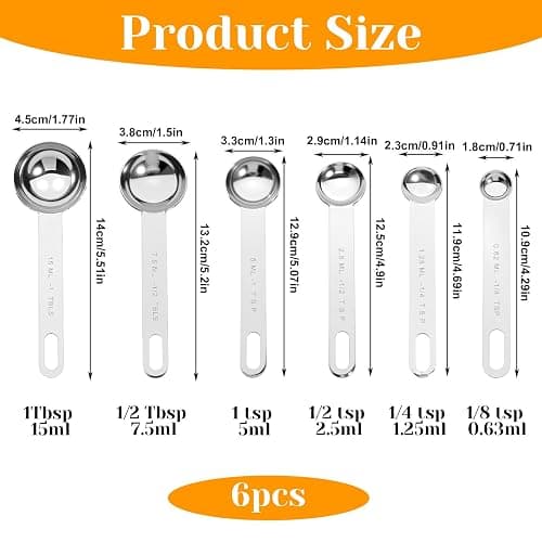 6 Pcs Stainless Steel Measuring Spoons Set, Metal Measure Spoons, Table Spoon Measuring Spoon for Coffee, Teaspoon Scoop, Includes 1/8, 1/4, 1/2, 1 TSP, 1/2 Tbsp, 1 Tbsp, Food Grade thumbnail 3