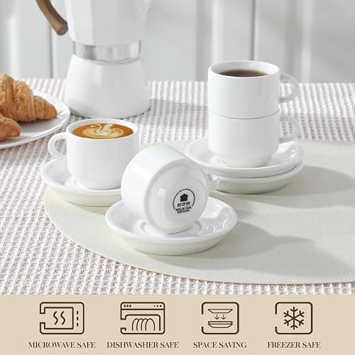 MALACASA 2.5 OZ Porcelain Espresso Cups with Saucers and Metal Stand Set of 4, Stackable Cappuccino Cups, White Expresso Shots Cup Set for Coffee Drinks, Latte, Tea thumbnail 4