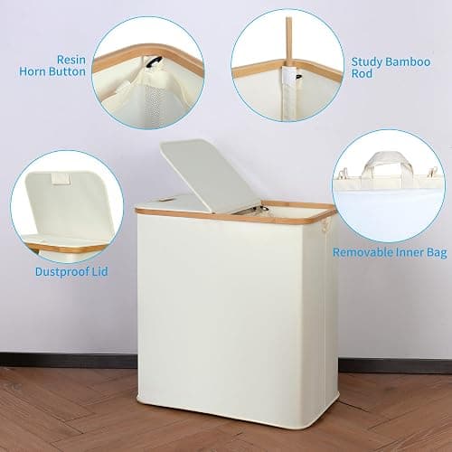 efluky Laundry Hamper with Lid, Double Laundry Hamper with 2 Removable Bags, 2 Section Laundry Basket with Bamboo Handles for Bathroom, Bedroom & Laundry Room, 140L (36.9 Gallon) Beige thumbnail 5