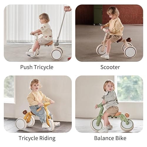 4-in-1 Toddler Tricycle with Adjustable Push Handle for 1-4 Year Old,Birthday Gift and Toy for Boys and Girls Removable Pedals Balance Bike&Scooter (Beige) thumbnail 4