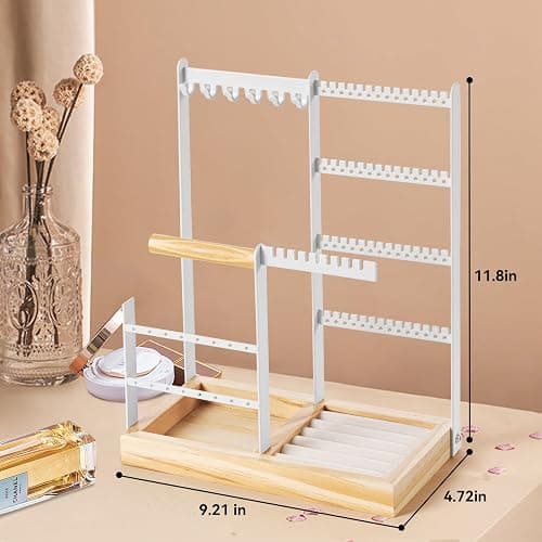 DreamGenius Jewelry Organizer Stand with Velvet Ring Holder, 4 Tier Jewelry Holder Organizer with 11 Hooks for Necklaces and 132 Holes for Earrings, White thumbnail 3