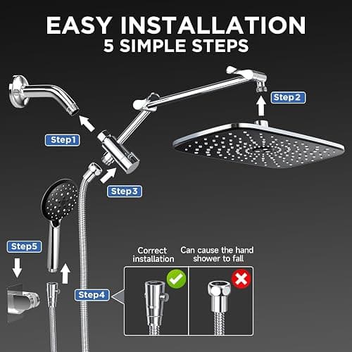 Veken Wide Rain Shower Head with Handheld, High Pressure Rainfall Showerhead Combo with Arm for Bathroom Accessories, Home Decor, Detachable Dual Shower with Multi Modes Handheld Spray, Silver Chrome thumbnail 8