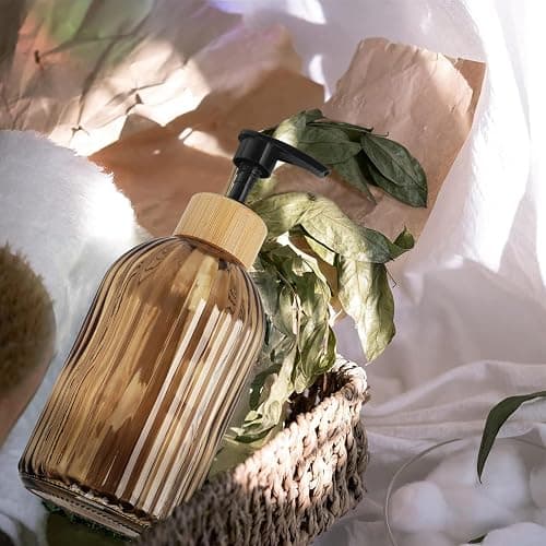 Ulable Amber Glass Soap Dispenser with Pump, 2 Pack 13.5oz Vertical Stripe Design Hand Soap Dispenser for Hand Wash, Dish Wash, Elegant Dispenser for Bathroom and Kitchen thumbnail 2