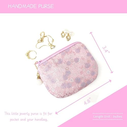 Handmade Rosary Pouch Women Coin Purse Silk Jewelry Bag Brocade Zipper Wallet - LightPink thumbnail 2