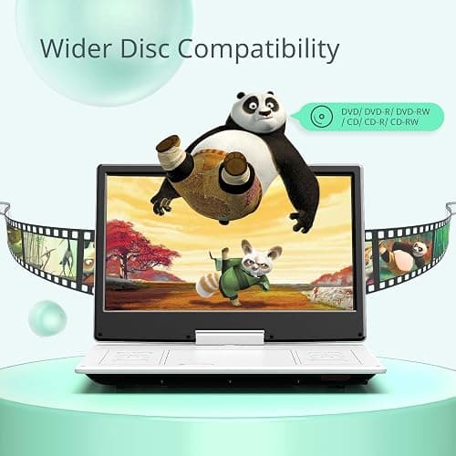 YOTON 16.9" Portable DVD Player, 4-6 Hours Rechargeable Built-in Battery, 14.1" HD Swivel Screen, Dual Stereo Speakers, USB/SD/AV/Audio/Gamepad Support -White [Not Support Blu-Ray] thumbnail 3