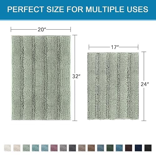 H.VERSAILTEX Sage Bathroom Rugs, Bath Mat Set of 2 Extra Thick Chenille Striped Pattern Shaggy Bath Rugs for Bath Room, Non Skid Bath Mats for Bathroom Floor (32 x 20 Plus 24 x 17 - Inches) thumbnail 2