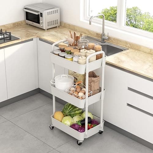 Sywhitta 3-Tier Plastic Rolling Utility Cart with Handle, Multi-Functional Storage Trolley for Office, Living Room, Kitchen, Movable Storage Organizer with Wheels, White thumbnail 4