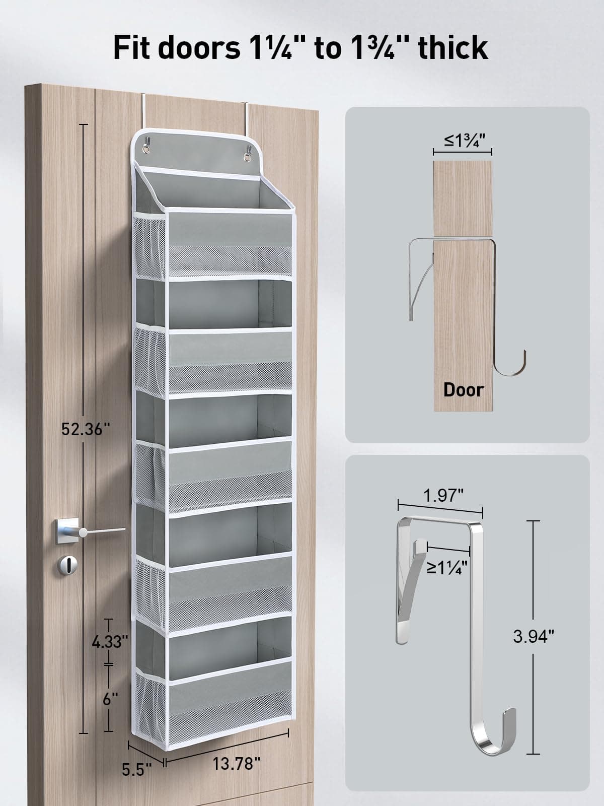 Yecaye 1 Pack Over The Door Organizer with 5 Bins 10 Side Pockets,44lbs Load Hanging Bathroom and Bedroom Organizer, Behind The Door Storage for Nursery Newborn Baby Essential Stuff, Grey thumbnail 4