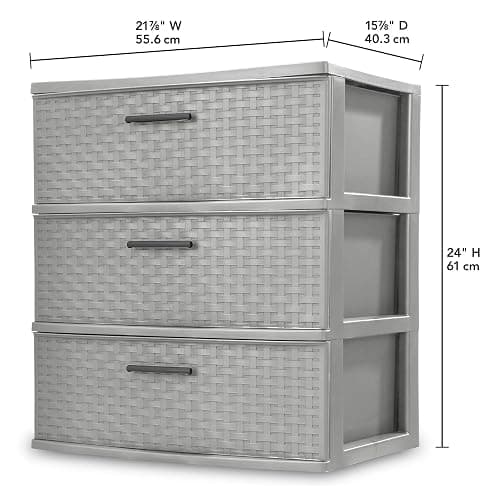 3-Drawer Wide Weave Tower, Plastic Storage Box with Pull Handles, Decorative Cabinet for Bedroom, Bathroom & Office, Gray thumbnail 3