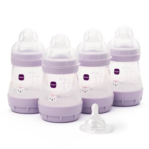 MAM Easy Start Anti-Colic Baby Bottles | 4 Pack (4X 160ml) | Self-Sterilising Baby Milk Bottle | Slow Flow MAM Teats Size 1 + 1x Medium Flow Teat Size 2 | Pink (Various Designs) - Image 1