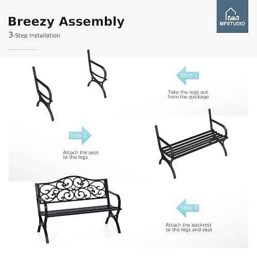 MFSTUDIO 50 Inches Outdoor Garden Bench, Cast Iron Metal Frame Patio Park Bench with Floral Pattern Backrest, Arch Legs for Porch Lawn Garden Yard(Black) thumbnail 9